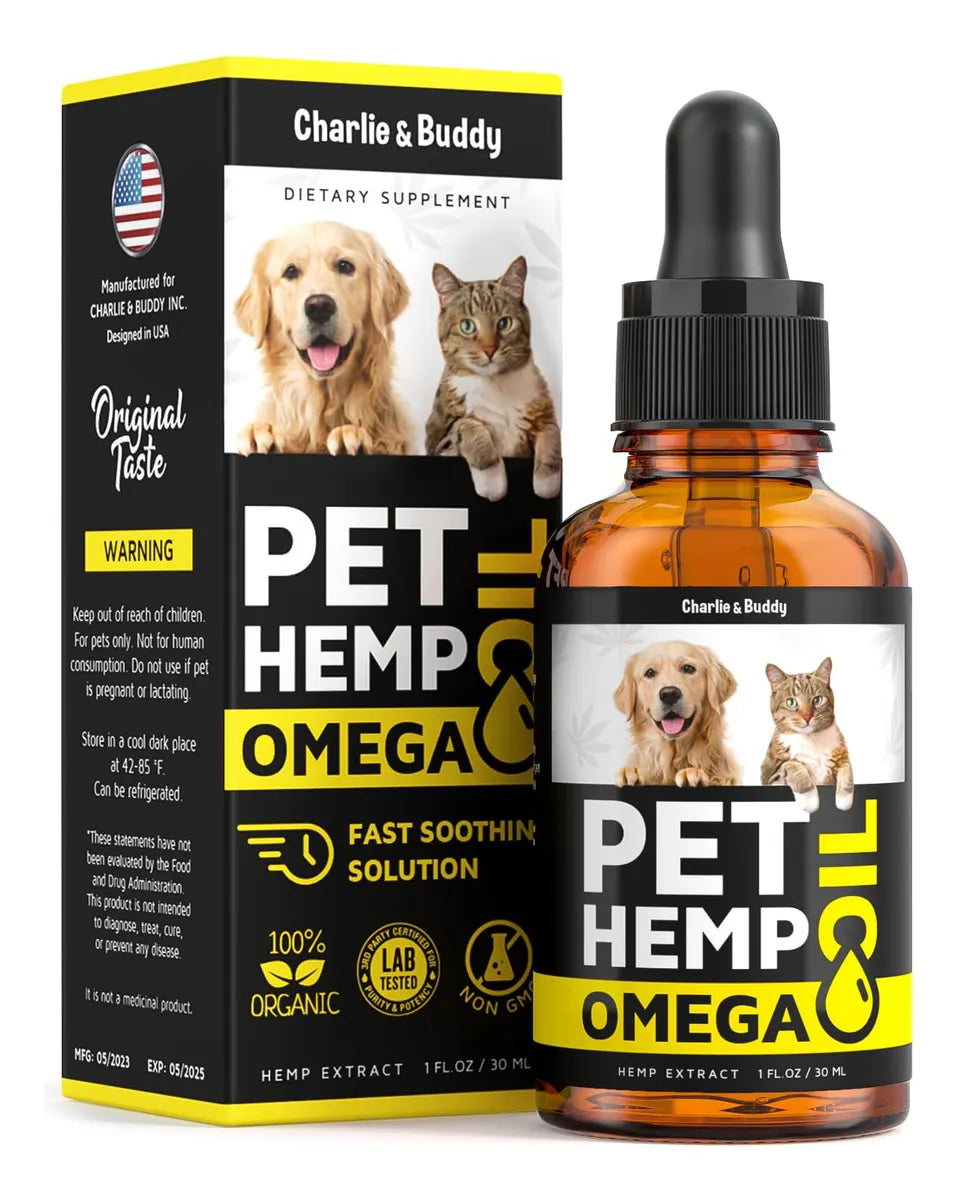 Suplemento liquido para mascotas OMEGA 3 Charlie & Buddy PET HEMP, Alivia molestias y aumenta su bienestar 🎁 Hoy 50% DCTO !!