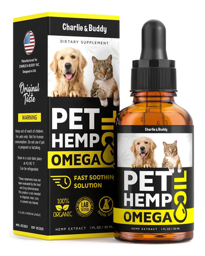 Suplemento liquido para mascotas OMEGA 3 Charlie & Buddy PET HEMP, Alivia molestias y aumenta su bienestar 🎁 Hoy 50% DCTO !!