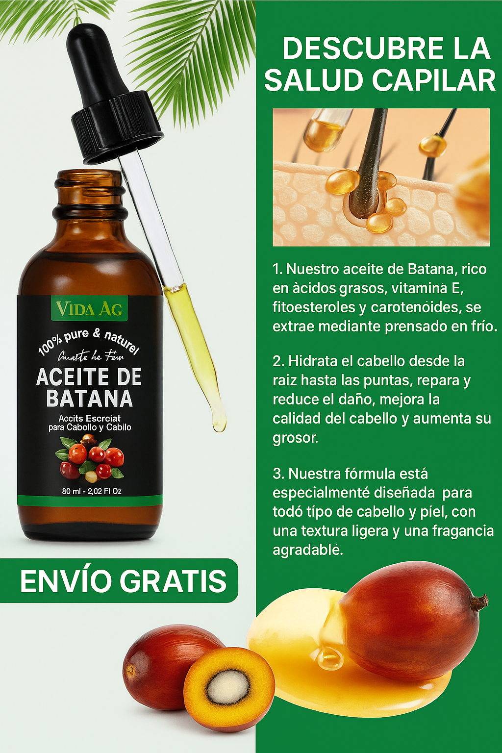 Aceite de batana 60ml para el crecimiento del cabello, barba, cejas y pestañas, elimina las puntas partidas, mejora la luminosidad y la nutrición del cabello 🎁 Envió Gratis