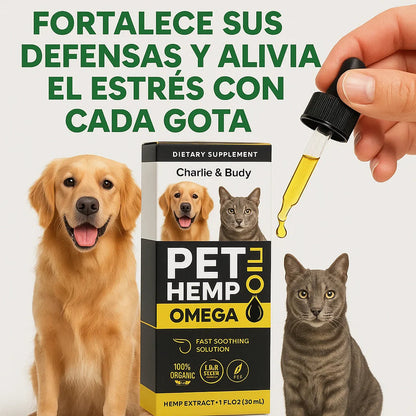 Suplemento liquido para mascotas OMEGA 3 Charlie & Buddy PET HEMP, Alivia molestias y aumenta su bienestar 🎁 Hoy 50% DCTO !!